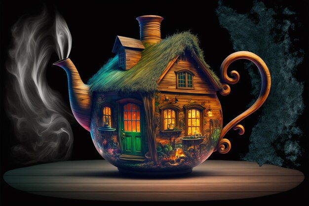 A teapot with a house on it