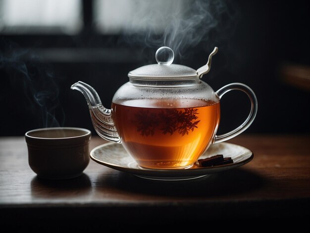 a teapot with a leaf design on the top