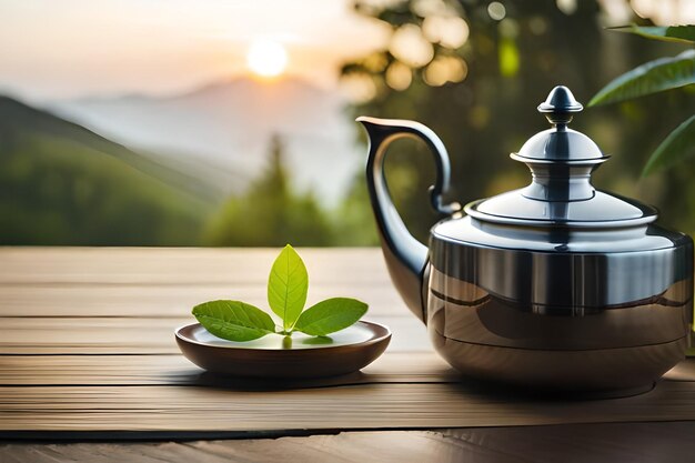 a teapot with a leaf on the table