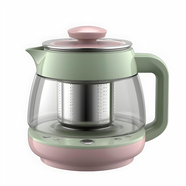 A teapot with a pink handle and a green lid sits on a white background.