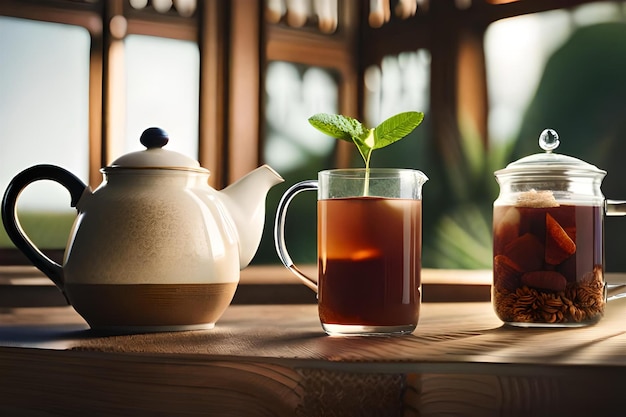 a teapot with a sprig of mint leaves on the top