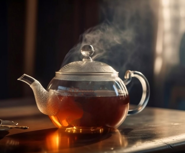 A teapot with a steam rising from it sits on a table.