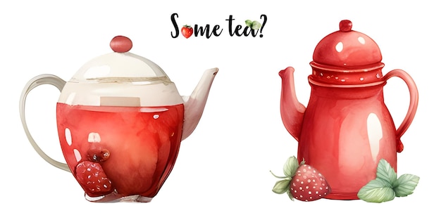 Teapot with strawberry tea Time o clock Tea shop break cafebar tea lover tea party