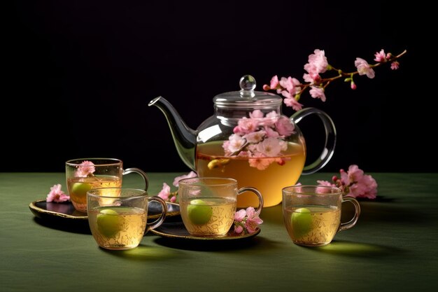 A teapot with tea cups and a teapot with a flower on it