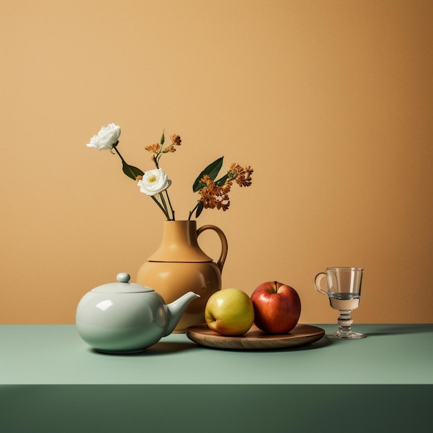 A teapot with white flowers and a glass of water on a table.