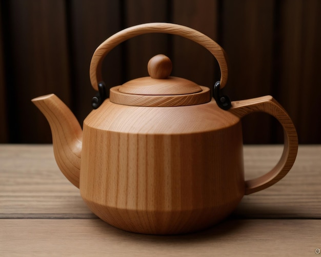 A teapot with a wooden handle sits on a wooden table.