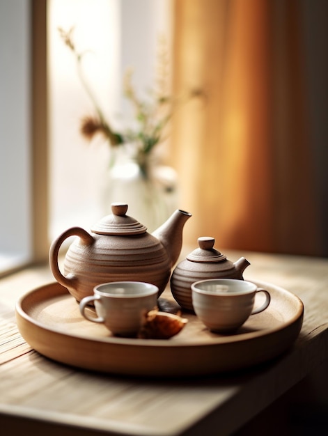 teapots and cups on a wooden tray with a vase and flowers in the background.