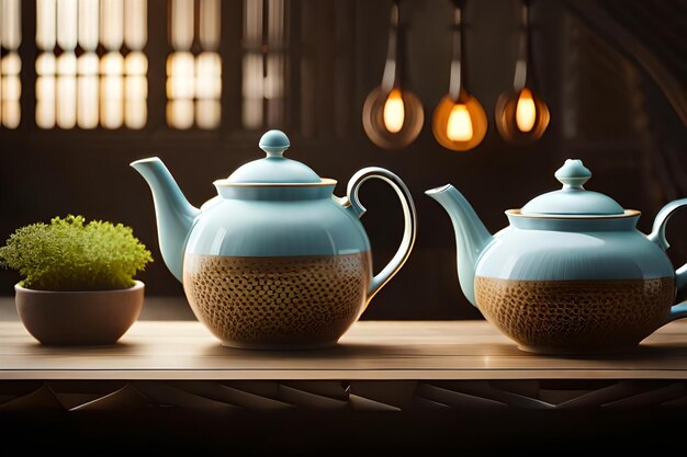 teapots on a table with pots and pots