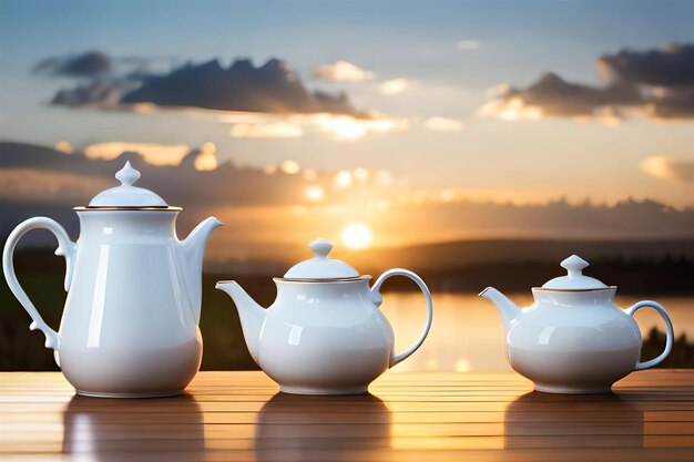 Teapots on a table with sunset in the background