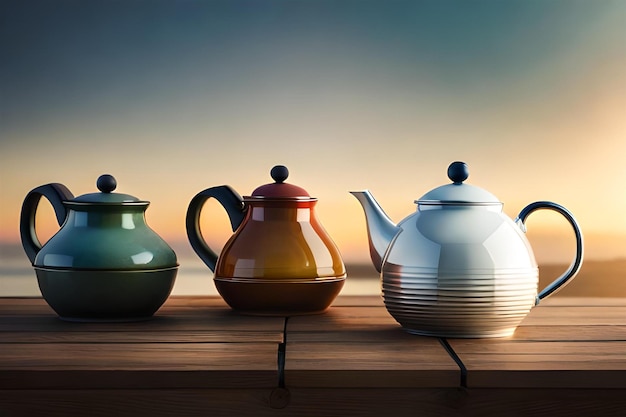 Photo teapots on a wooden table with the words teapots on the bottom.