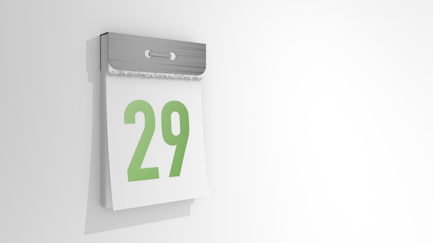 Tearoff calendar with number 29 Stylish 3D rendering of the twentyninth date 3d illustration over white background day twenty nine