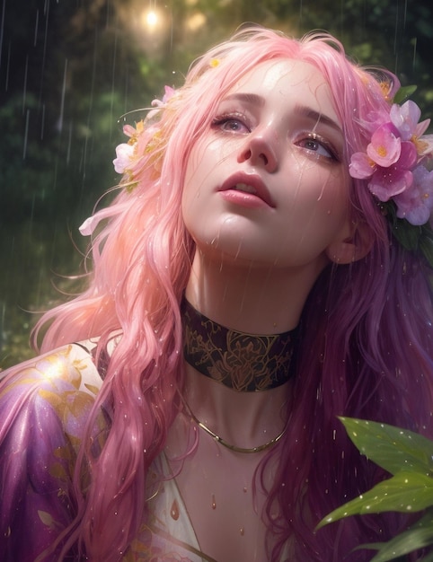 森の 魅力的な雨の中の白人女性