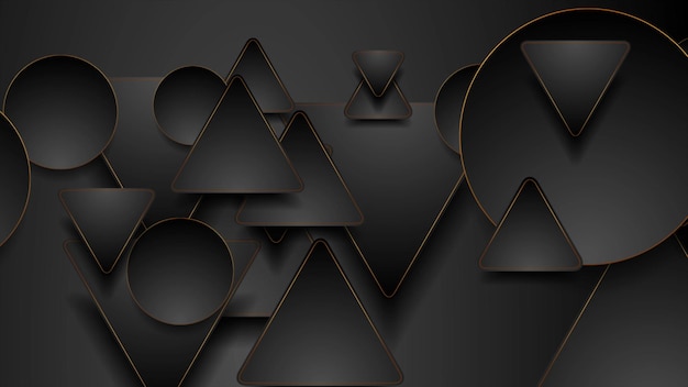 Tech abstracte gouden zwarte achtergrond met driehoeken en cirkels