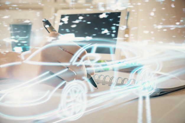 Tech autopilot theme hologram over woman's hands taking notes background Concept of hightech Double exposure