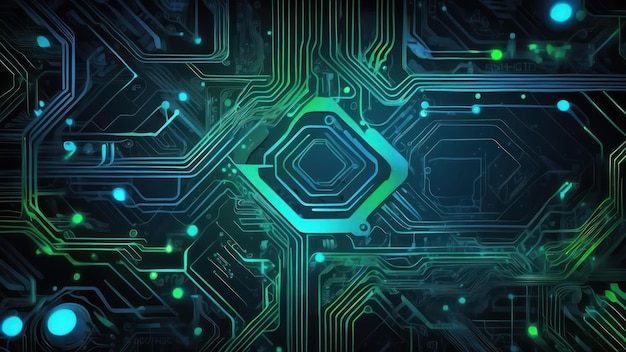 Tech circuit board abstract background with intricate glowing patterns and futuristic design