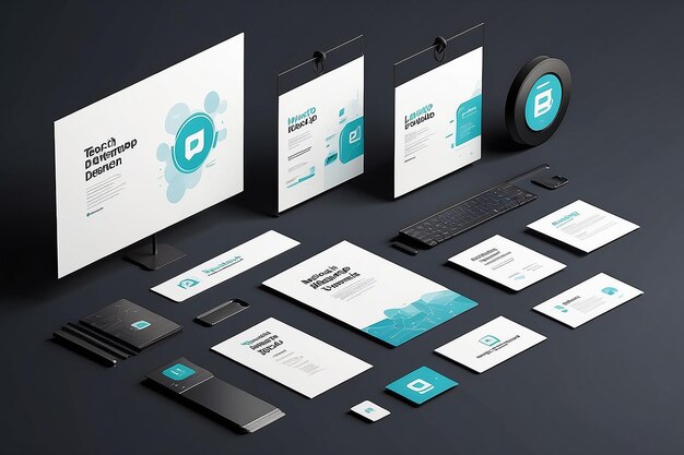 Tech Conference Branding Mockup Met het logo op banners, badges en presentatie slides