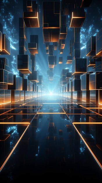 Tech cube in a 3d rendering blends with a dynamic cyberspace backdrop vertical mobile wallpaper