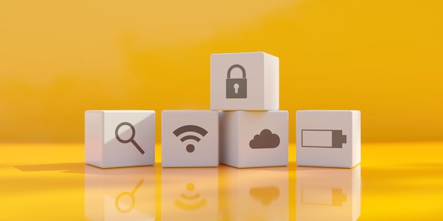 Tech cubes with search wifi cloud battery and padlock symbol on yellow background 3d render