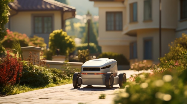 Tech delivery drone cruising door een moderne voetgangerszone Slimme stad concept Generatieve AI