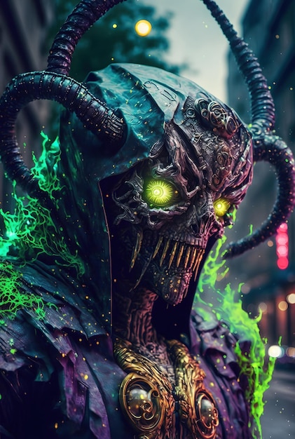 Tech demon made of slime with a giant armor made of ectoplasm on the street of a cyberpunk city Magnificent hypermetamorphosis of the monster illustration