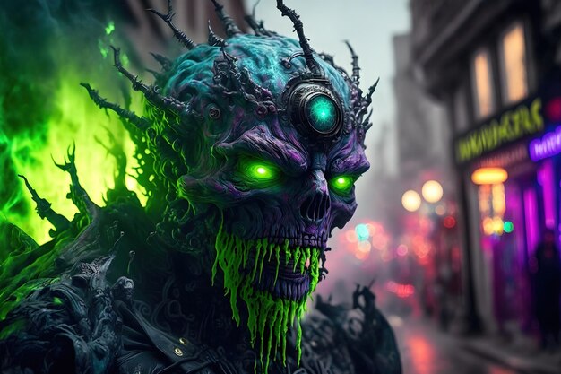 Tech demon made of slime with a giant armor made of ectoplasm\
on the street of a cyberpunk city magnificent hypermetamorphosis of\
the monster illustration