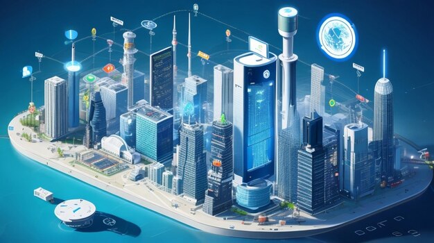 Tech devices and icons connected to digital internet network connect in smart city