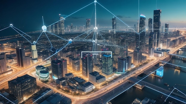 Tech devices and icons connected to digital internet network connect in smart city