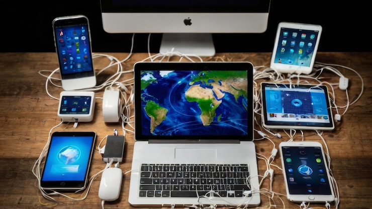 Photo tech devices and icons connected to digital planet earth