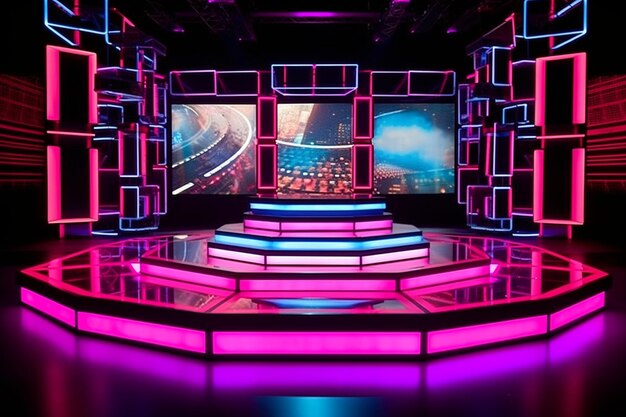 Foto tech driven news set design con motion graphics