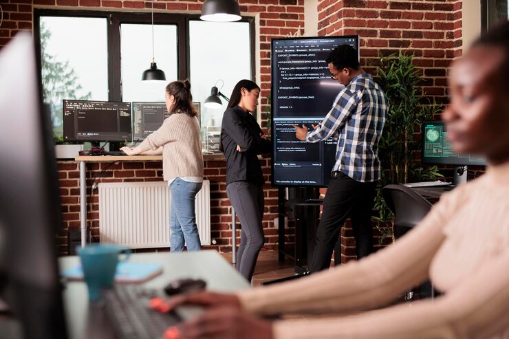 Photo tech enginners using binary code to script security system, programming firewall encryption. diverse team working with program data server to develop network on coding software. programmer concept