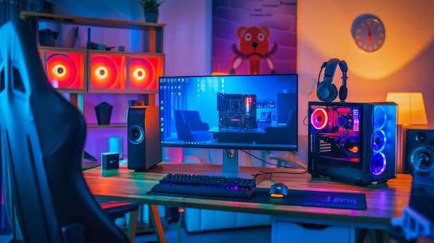 a tech enthusiast s dream with a custombuilt pc case on display led lights and an ultrawide monitor