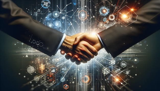 Tech Handshake Two hands forming a connection with abstract tech elements between them in business