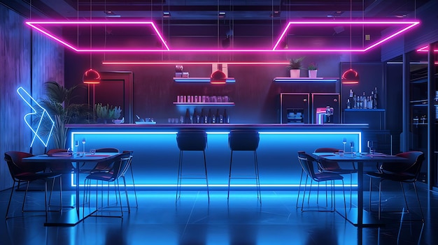 Foto sala da pranzo dotata di tecnologia con superficie di tavolo interattiva robo interior room neon light vr concept