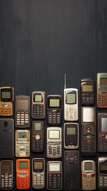 テクノロジーのノスタルジア 黒い背景に並べられた古くて時代遅れの携帯電話 垂直のモバイルウォールペーパー