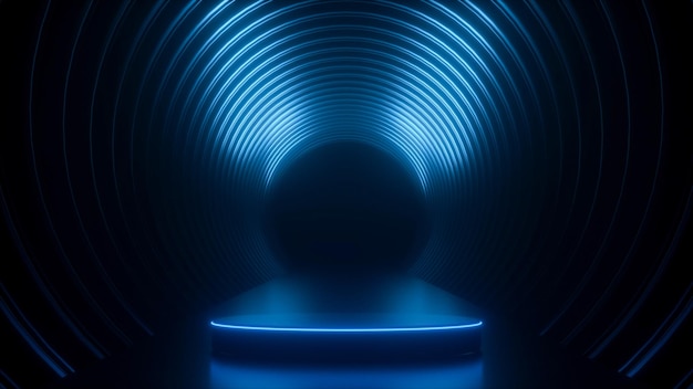 Tech podium met neonverlichting in een futuristische tunnel 3D-rendering