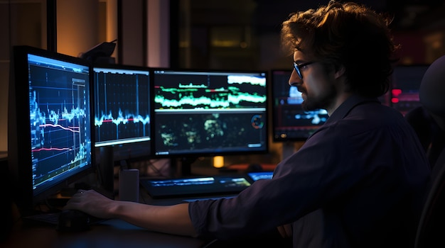 A tech professional analyzing real time environmental data on a curved console