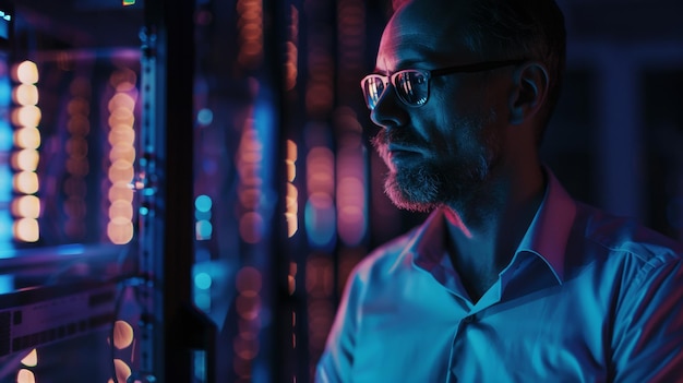 A tech professional attentively monitors data centers in a neonlit room