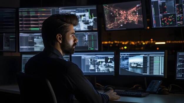 Foto un professionista tecnologico in un centro di monitoraggio che analizza le minacce alla sicurezza informatica