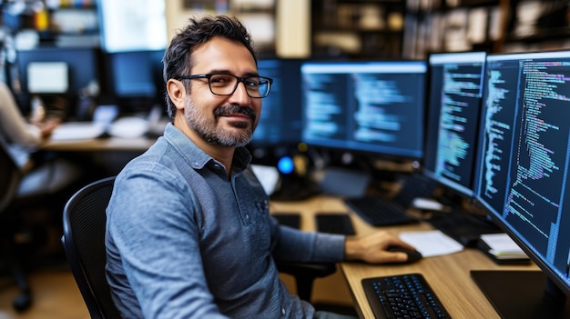 a tech professional sits at a desk surrounded by multiple computer monitors displaying lines of code he appears focused and engaged as he works on programming tasks in a busy office setting