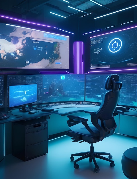 Photo tech savvy workspace with multiple monitors ergonomic chairs and futuristic holographic displays