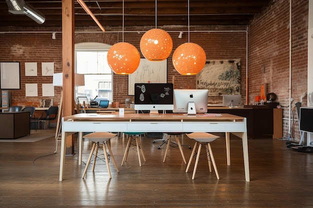 Photo tech startup office desk with modern furniture and open layout