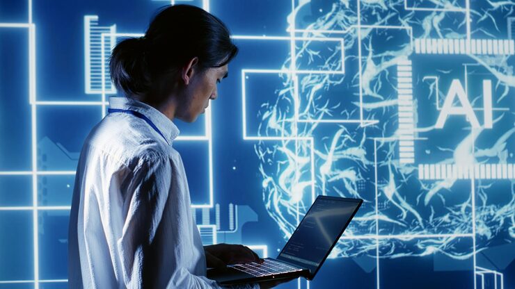 Photo tech support expert programming artificial intelligence neural networks architecture inspired by human brain admin setting up ai machine learning algorithms in high tech startup using script code
