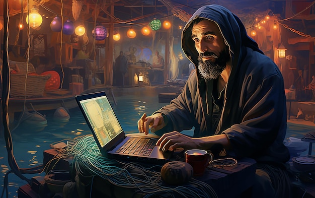 Tech Trader Man with Laptop in Action