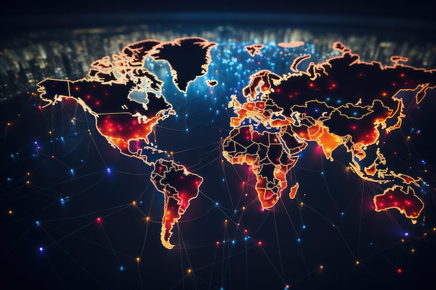 미래 기술에 대한 핀을 가진 TechConnected Globe 세계 지도Lit 배경 글로벌 연결