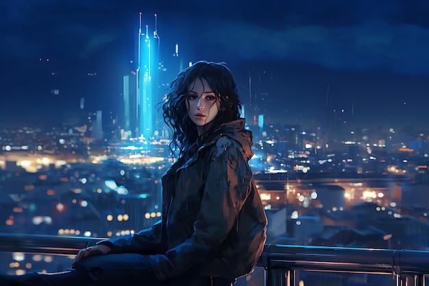 TechElegance Fusion An Anime Girl's Thrive in the Cyberpunk City