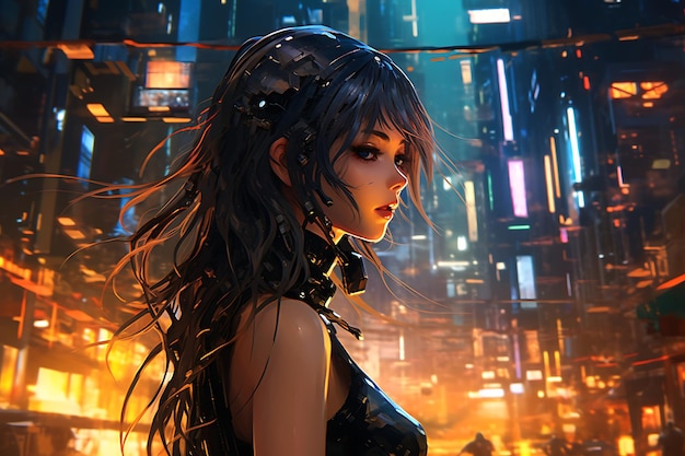 TechElegance Fusion An Anime Girl's Thrive in the Cyberpunk City