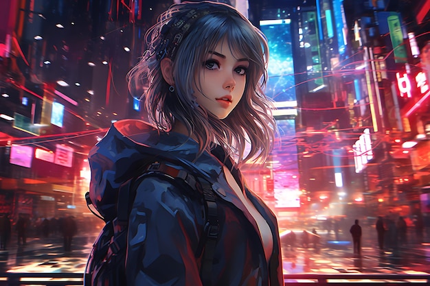 anime girl in cyberpunk city Stock Illustration