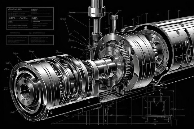 写真 テクニカル・カバー 黒い背景の機械工学図面