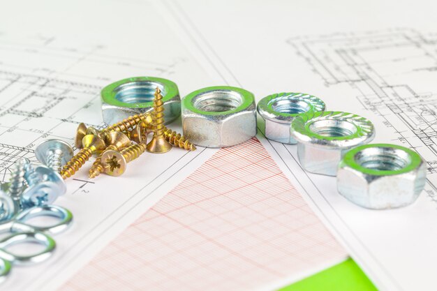 Technical drawings of bolt and nut. Engineering, technology and metalworking