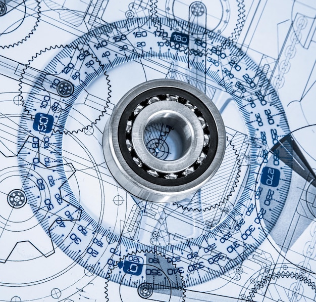 Technical drawings with the bearing in a blue toning